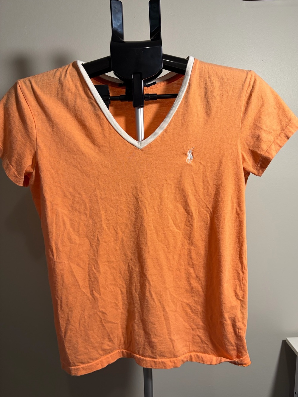 Vintage 2002 Ralph Lauren Sport Orange Ringer V Neck Tee S Y2K